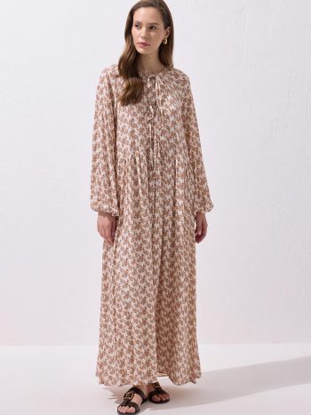 Fleur Viscose Tie-Waist Long Dress in Brown