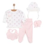 Newborn Girl Baby 5-Piece Hospital Discharge Interlock Crew Neck Long Sleeve Salmon Set