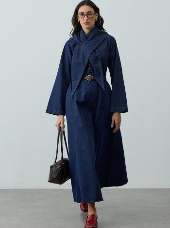 Scarf Detail Denim Dress Navy Blue