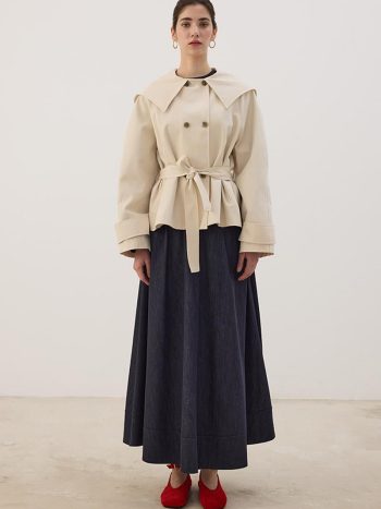 Wide Collar Short Trench Coat Cream