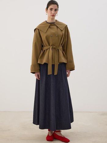 Wide Collar Short Trench Coat in Olive Green