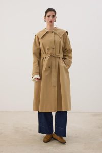 Wide Collar Long Trench Coat in Camel