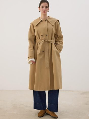 Wide Collar Long Trench Coat in Camel