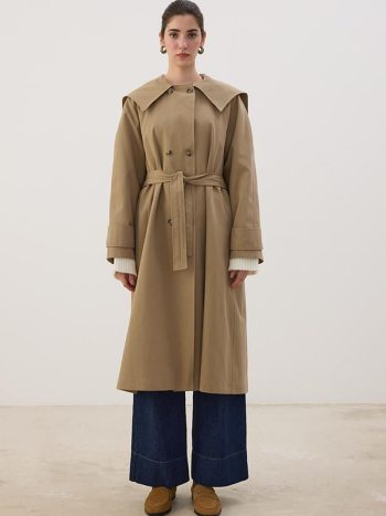 Wide Collar Long Trench Coat in Khaki