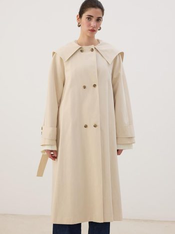 Wide Collar Long Trench Coat Cream