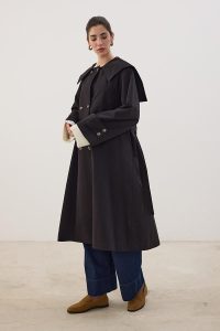 Wide Collar Long Trench Coat in Black