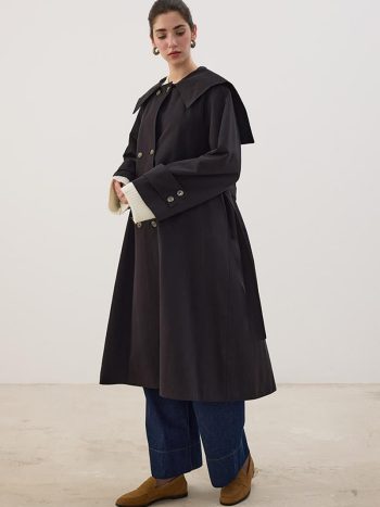 Wide Collar Long Trench Coat in Black