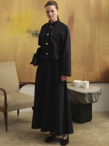 Navy Denim Skirt Set with Gold Button Details