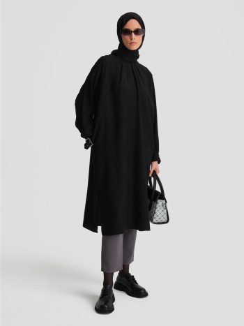 Armine Tencel Tunic Dress with Sleeve Brooch 24K4314 Black