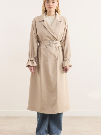 Belted Long Wrap Trench Coat - Beige