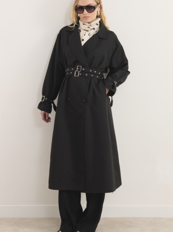 Belt-Detailed Long Double-Breasted Trench Coat - Black