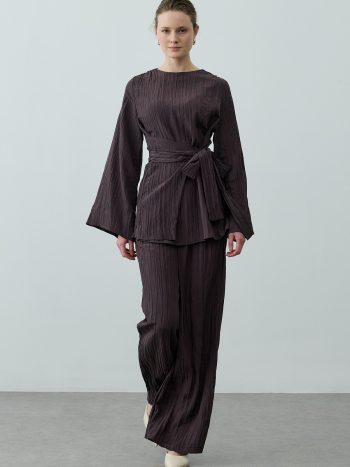Brown Ruffled Tie-Waist Palazzo Pants Set
