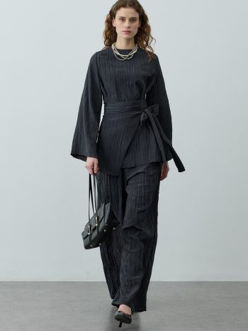 Black Crinkled Tie-Waist Palazzo Pants Set
