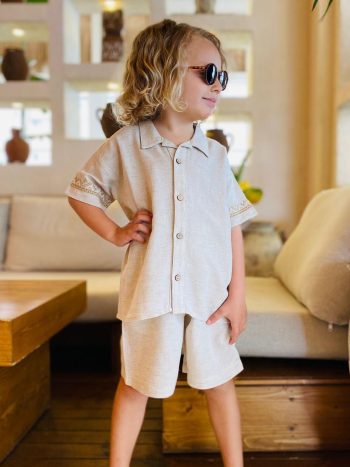 Embroidered Sleeve Shirt and Shorts Linen Set for Ages 2-7 in Natural