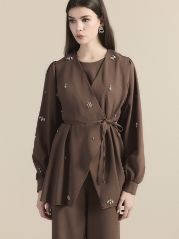 Stone-Embellished Double-Breasted Suit Set - Coffee