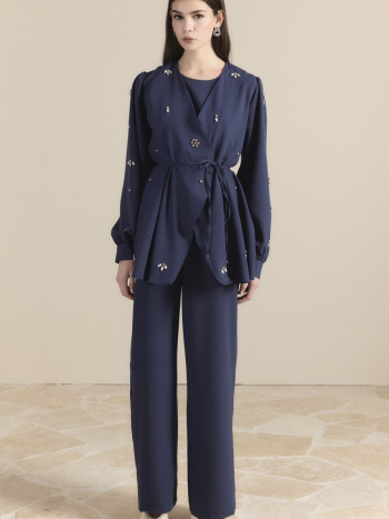 Tailored Double Set with Stones - Navy Blue