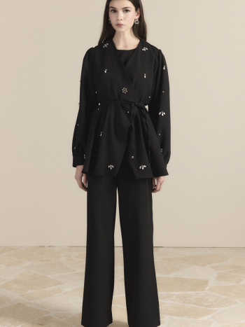 Kruvaze Taşlı Double Takım - Siyah