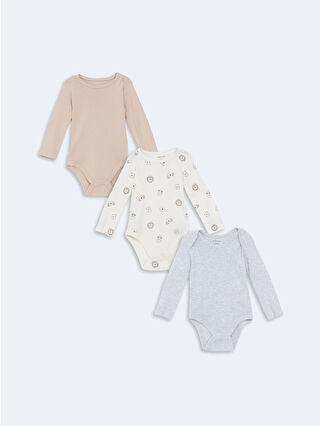 Ecru Bicycle Neck Long Sleeve Printed Boys' Baby Snap Button Bodysuit 3-Pack