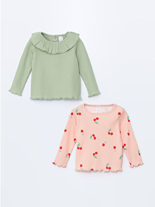 Green Bicycle Neck Printed Girls' Baby T-Shirt 2-Pack