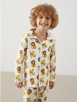 Beige Polo Collar Printed Boys' Pajama Set