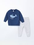 Navy Blue Crew Neck Printed Baby Boy Sweatshirt and Pants 2-Piece Set