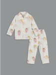Ecru Shirt Collar Printed Girl Baby Pajama Set