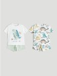 Ekru Bisiklet Yaka Dinozor Baskılı Erkek Bebek Şortlu Pijama Takım 2'li