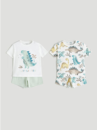 Beige Dinosaur Print Bicycle Collar Shorts Pajama Set for Baby Boy - 2-Pack