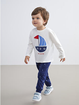 Ekru Bisiklet Yaka Baskılı Erkek Bebek Pijama Takım