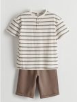 Beige Striped Boys' T-Shirt and Shorts 2-Piece Set