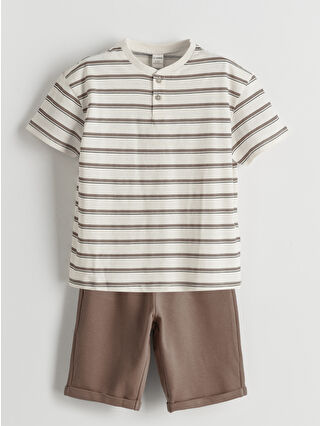 Beige Striped Boys' T-Shirt and Shorts 2-Piece Set