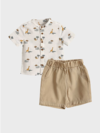 Ecru Elephant Print Boys' Baby Shirt and Shorts 2-Piece Set