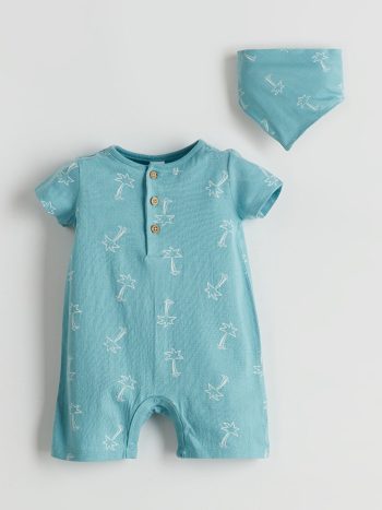 Blue Printed 2-Piece Baby Boy Romper and Bib Set
