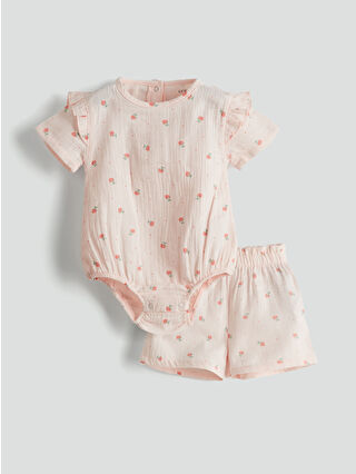 Pink Floral Snap-Button Bodysuit and Shorts 2-Piece Set