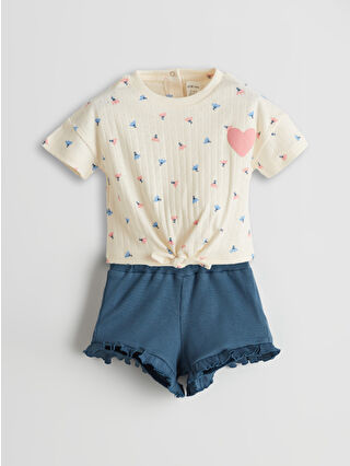 Beige Striped Elastic Waist Baby Girl T-Shirt and Shorts 2-Piece Set