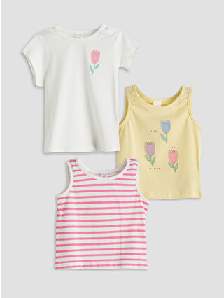 Beige Bicycle Neckline Girl Baby Vest and T-Shirt Set