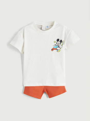 Beige Mickey Mouse Print Boys' Baby T-Shirt and Shorts 2-Piece Set