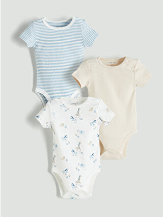 Beige Printed Snap-Button Bodysuit for Baby Boys - 3-Pack
