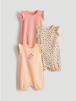 LCW Baby Coral Flower Print Girls' Baby Jersey Romper 3-Pack