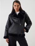 Women's Faux Fur Collar Leather-Look Jacket in Black