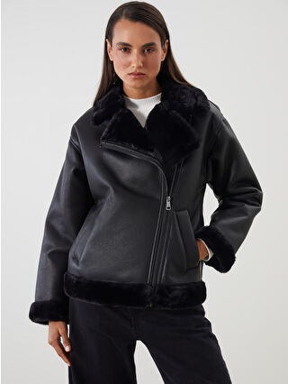 Women's Faux Fur Collar Leather-Look Jacket in Black