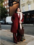 Burgundy Notched Collar Women's Wool Blend Coat