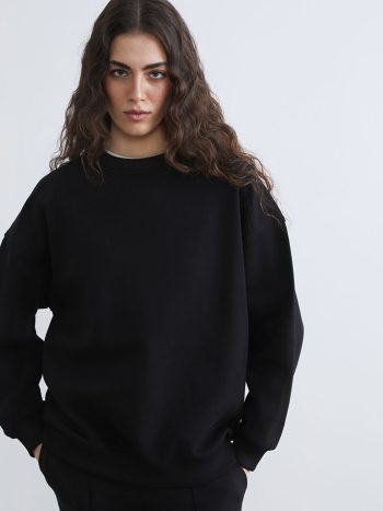 Siyah Bisiklet Yaka Oversize Kadın Kalın Sweatshirt