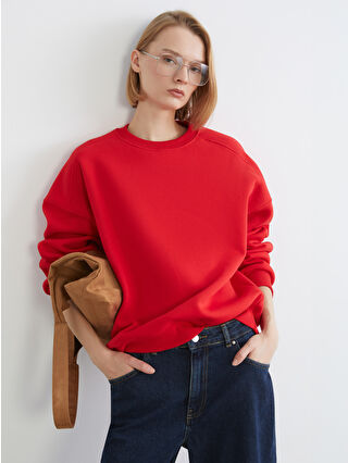 Red Biker Neck Oversize Women's Thick Sweatshirt