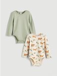 Beige Long Sleeve Printed Snap Button Bodysuit for Baby Boys 2-Pack