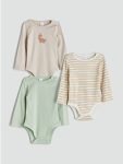 Beige Crew Neck Snap-Button Bodysuit 3-Pack for Baby Boys