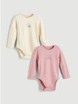 Pink Heart and Teddy Bear Print Girl's Long Sleeve Snap-Button Bodysuit 2-Pack
