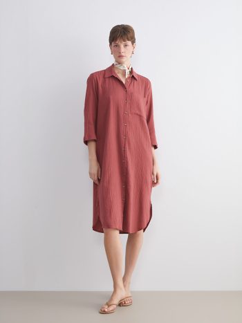 Red Textured Muslin Shirt Dress