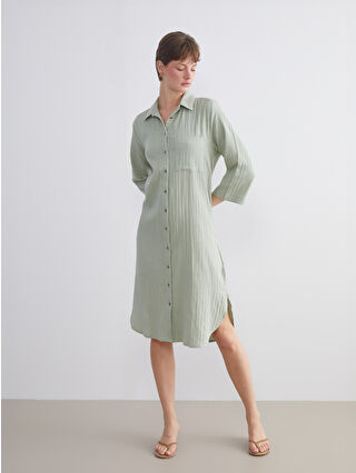 Green Textured Muslin Shirt Dress