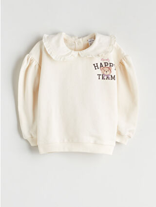 Ekru Bebe Yaka Baskılı Kız Bebek Sweatshirt
